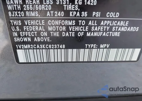 2019 Volkswagen Atlas 3.6L V6 Sel из США, поврежденный, VIN 1V2MR2CA3KC623748